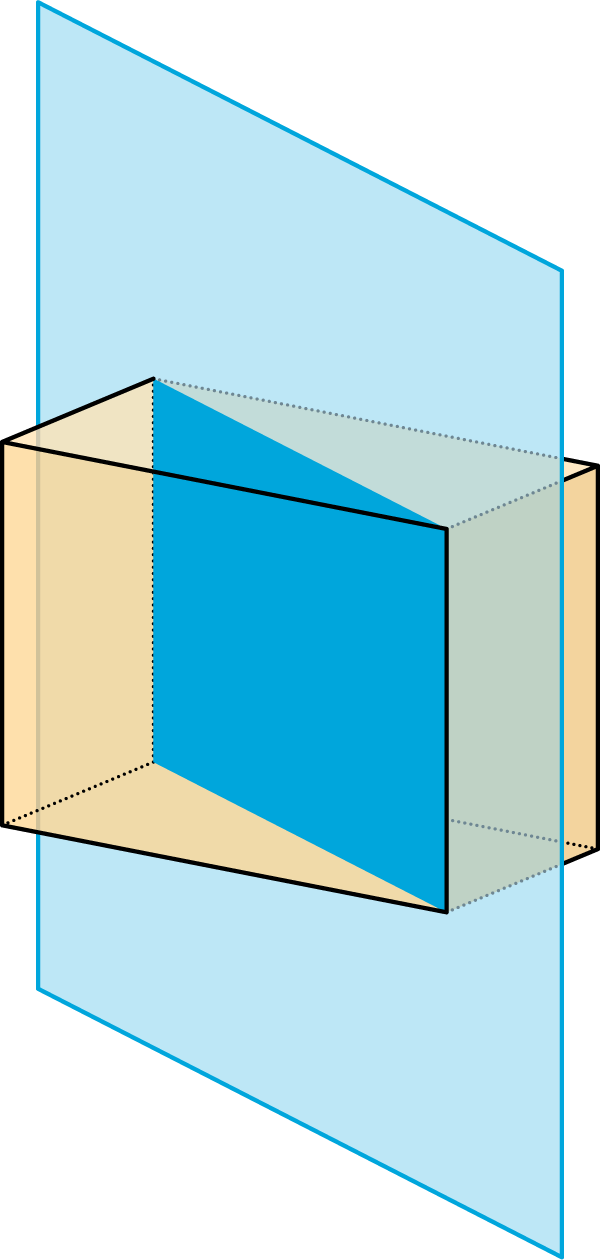 <p>A vertical plane cuts the prism diagonally.</p>
