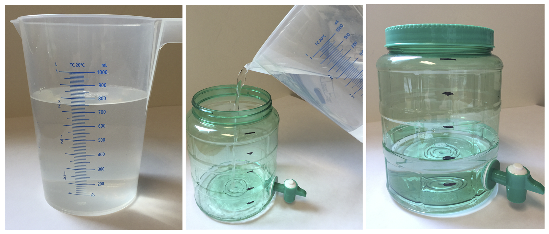 <p>Three images. First, a measuring cup filled with the fraction 3 over 4 liters of water. Second, water in measuring cup being poured into a water dispenser with five equal spaced tick marks. Third, water up to the second tick mark on dispenser.  </p>
