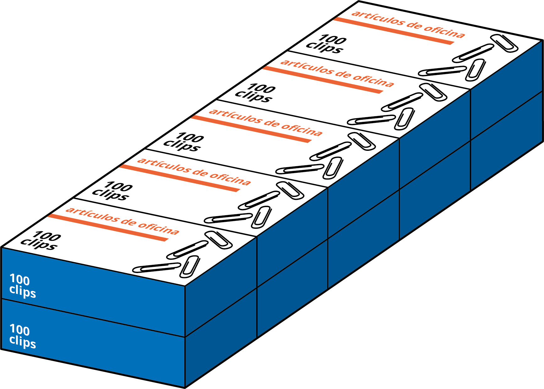 image of 10 boxes of paper clips. 100 paper clips in each box.
