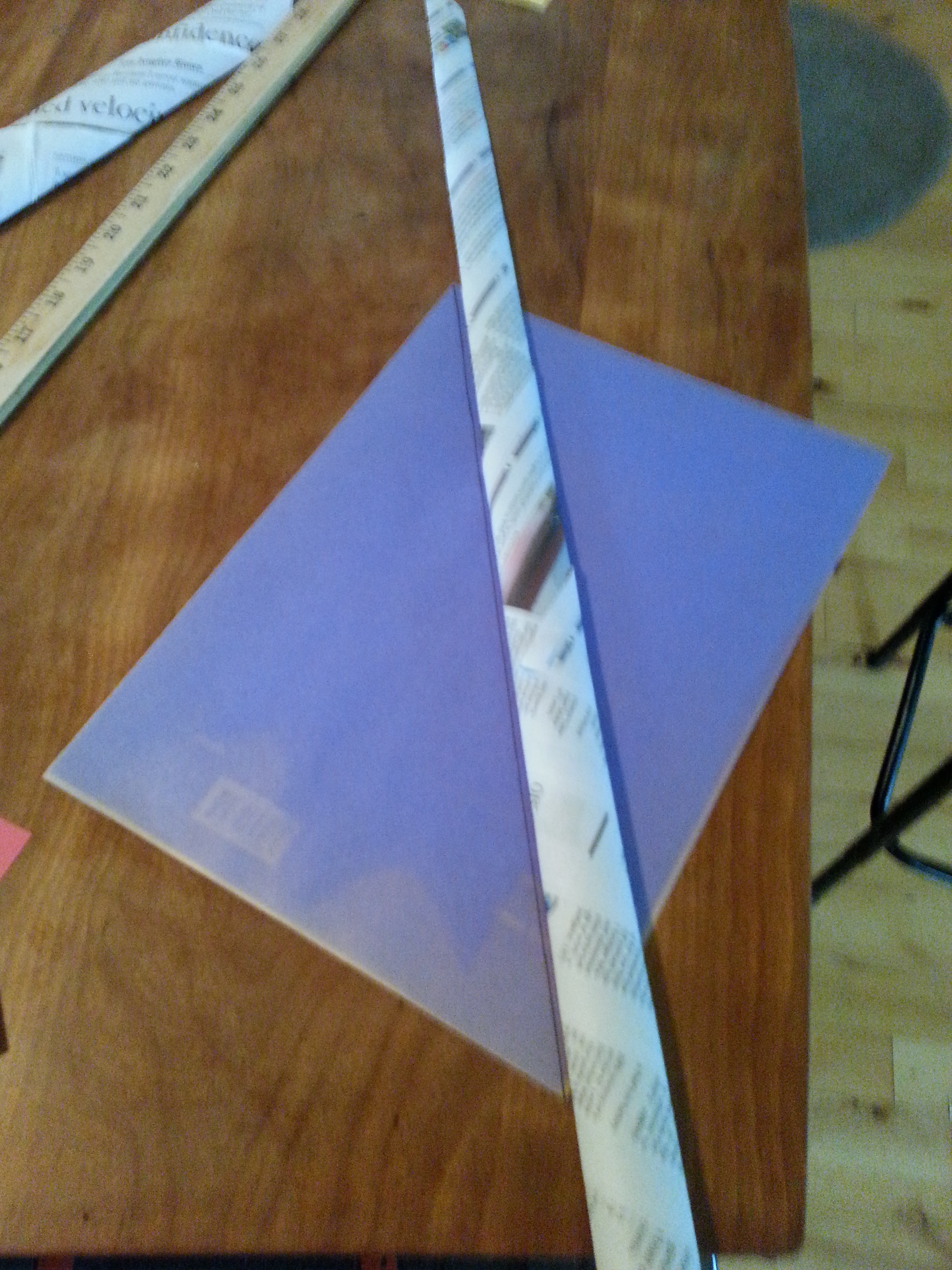 <p>An image looking at down on a corner of a table with items on the table.</p>
