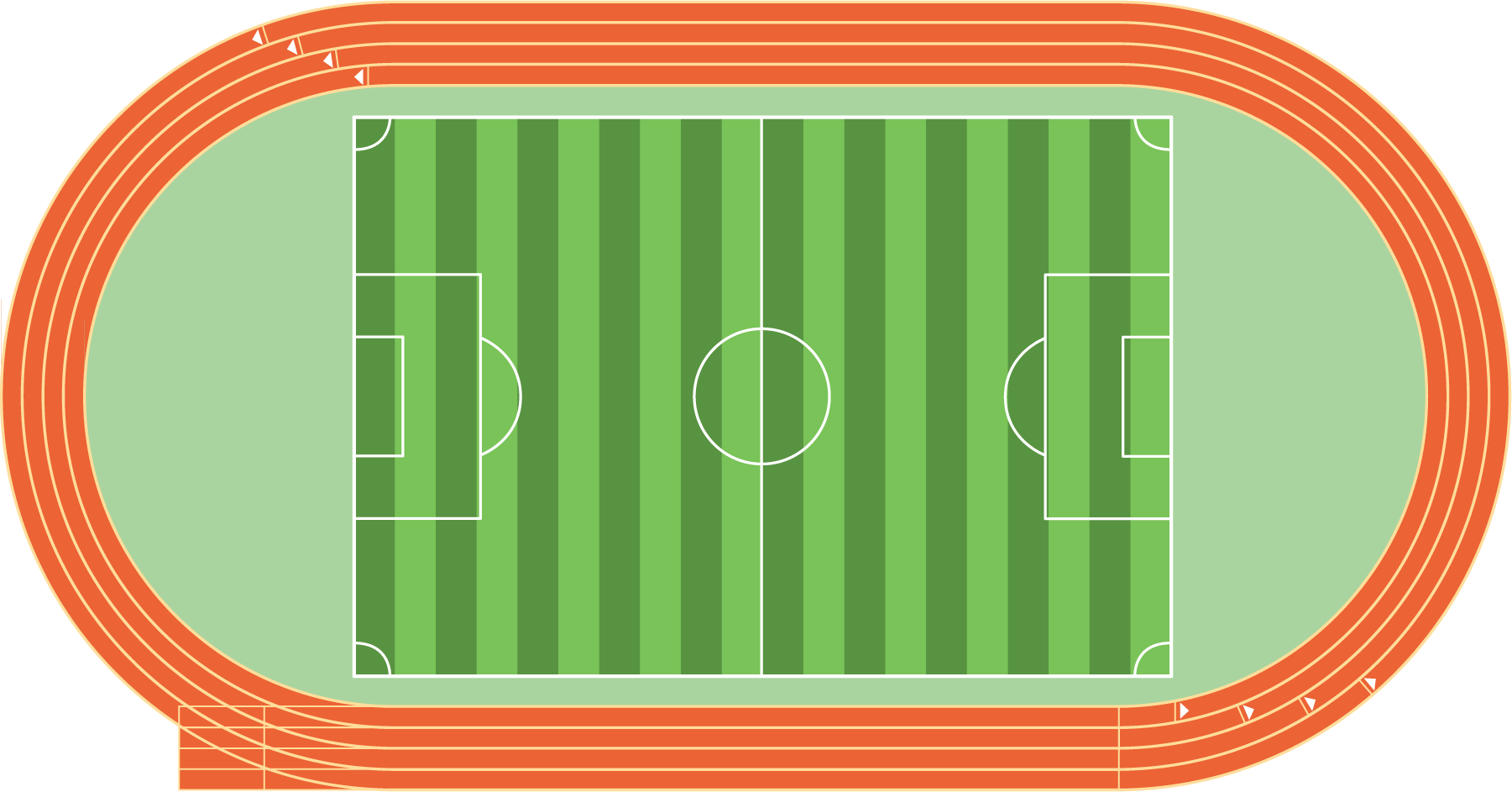 Track surrounding a soccer field. Triangles, circles, rectangles.