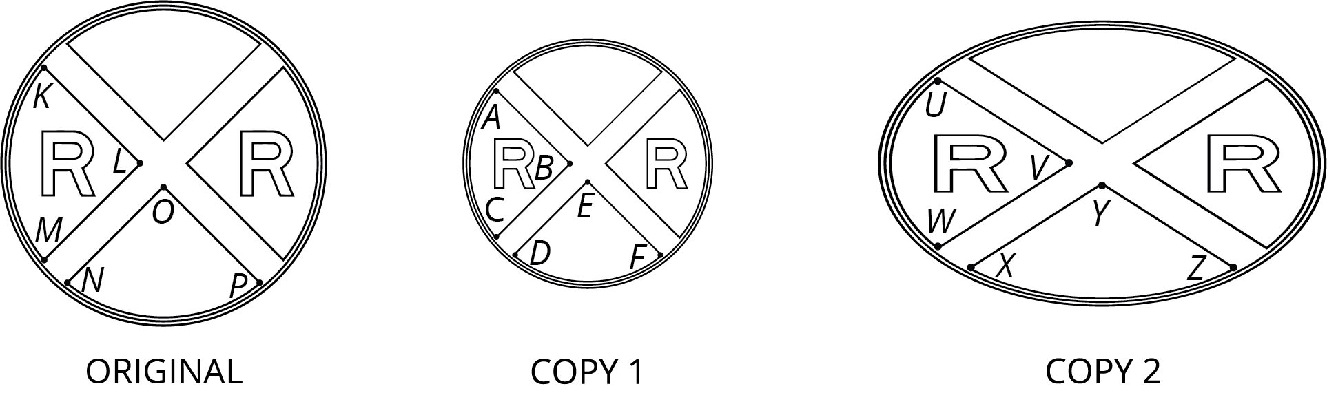 Original sign is 18 inches tall and 18 inches wide. Copy 1 is 14 inches tall and 14 inches wide. Copy 2 is 17 inches tall and 26 inches wide.