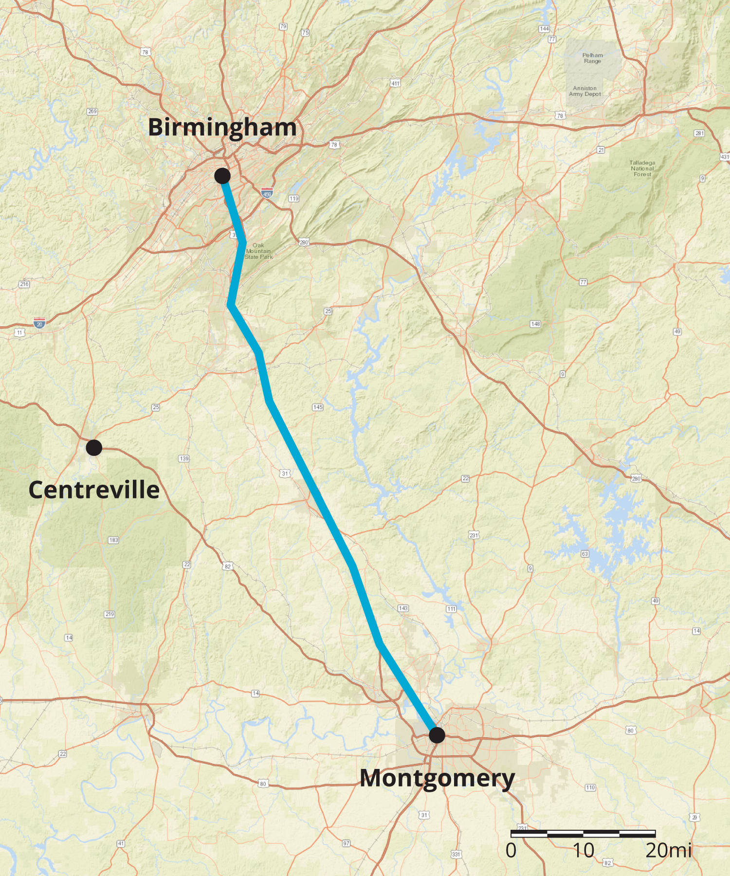 <p>A map of a part of Alabama. </p>
