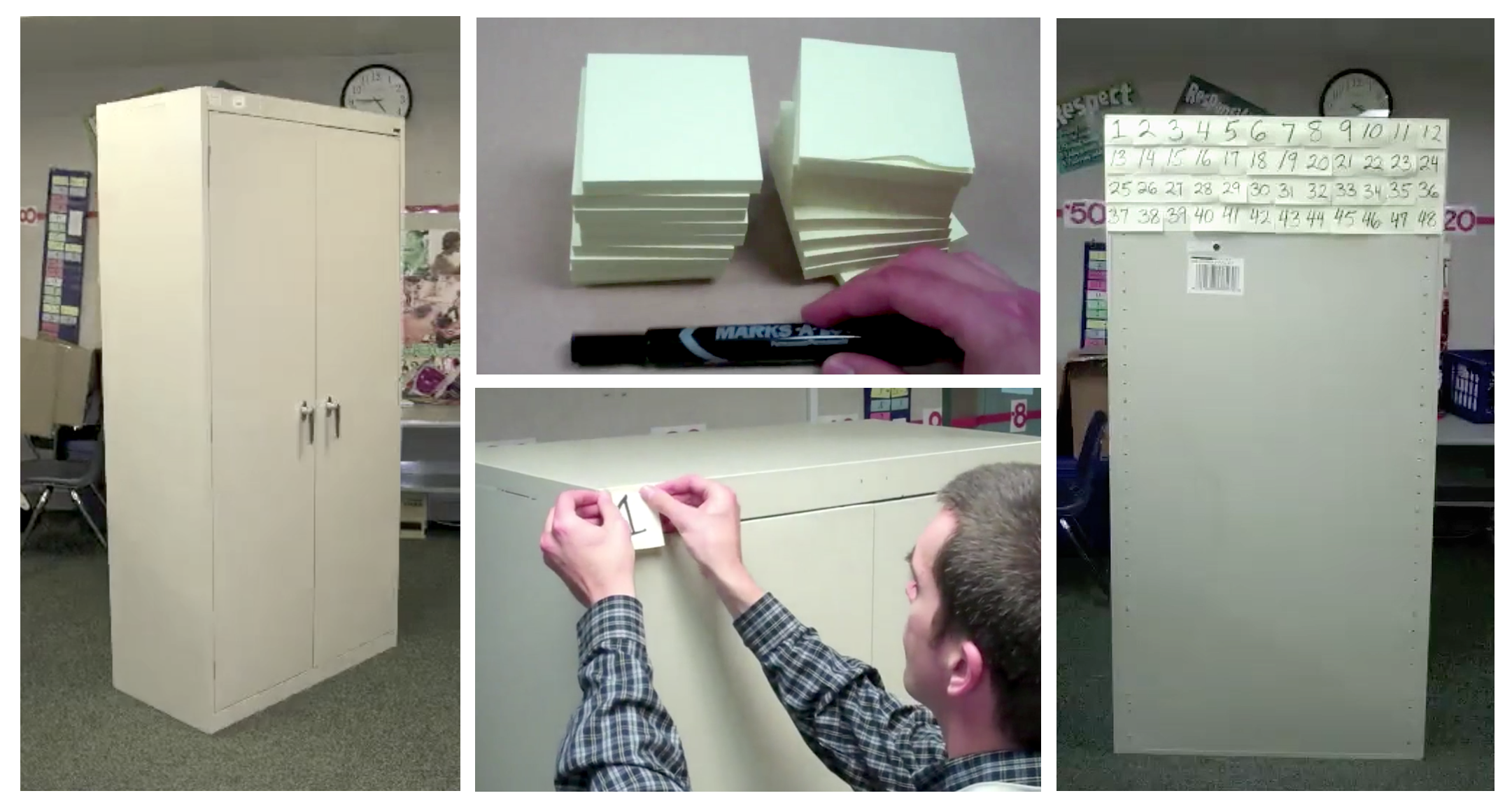 <p>4 photographs of a teacher covering the outside of a large cabinet with post it notes </p>
