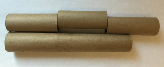 <p>3 short cardboard tubes lined up horizontally. 1 long cardboard tube below. Long tube starts at the same spot as the first short tube and ends about half way down the third short tube. </p>

