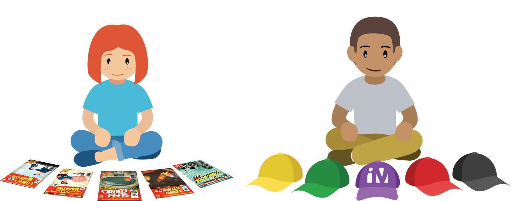 students with comic books and hats