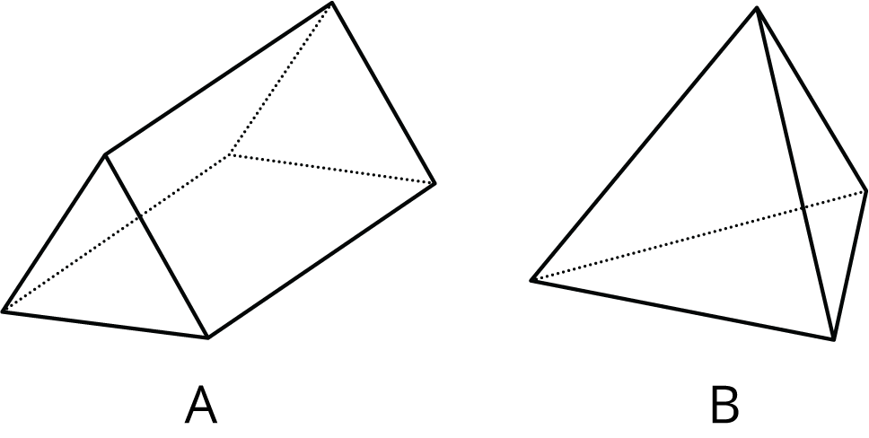 <p>Figure A triangular prism. Figure B triangular pyramid.</p>
