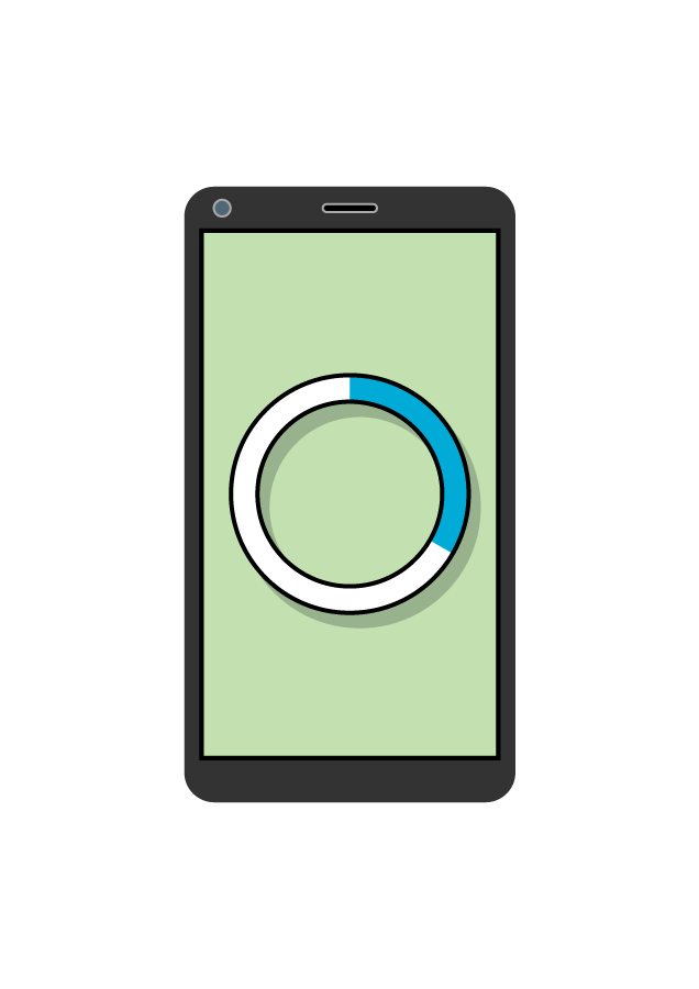 <p><strong>Drawing of smartphone. White circle with blue shading partially filled in.</strong></p>
