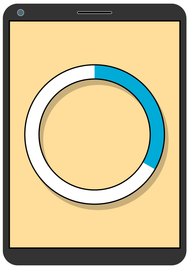 <p><strong>Drawing of tablet device. Large white circle with blue shading partially filled in.</strong></p>
