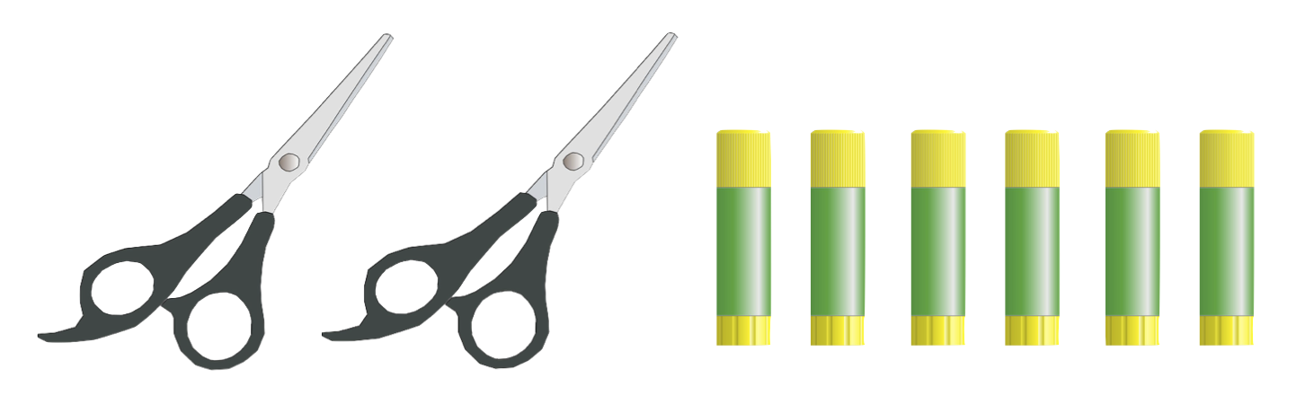 Two pairs of scissors and six glue sticks
