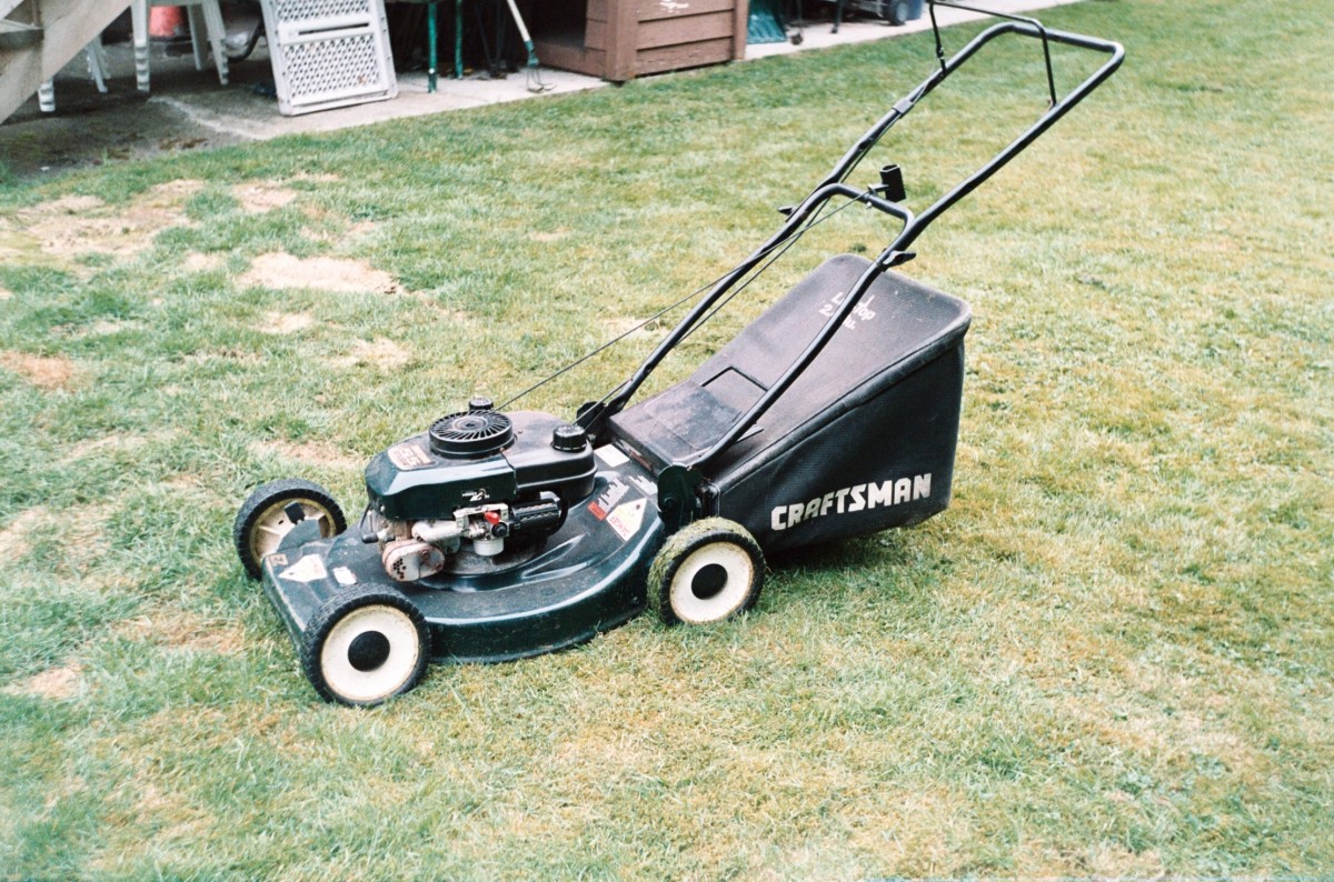 <p>A lawnmower on a lawn.</p>
