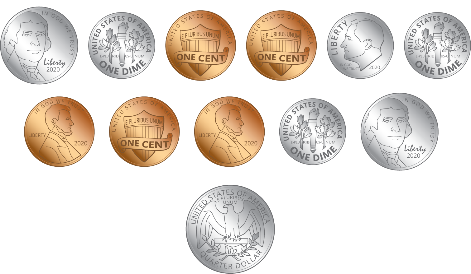 <p>3 quarters. 2 front, 1 back. 4 dimes. 1 front, 3 back. 5 pennies. 2 front, 3 back.</p>

<p></p>
