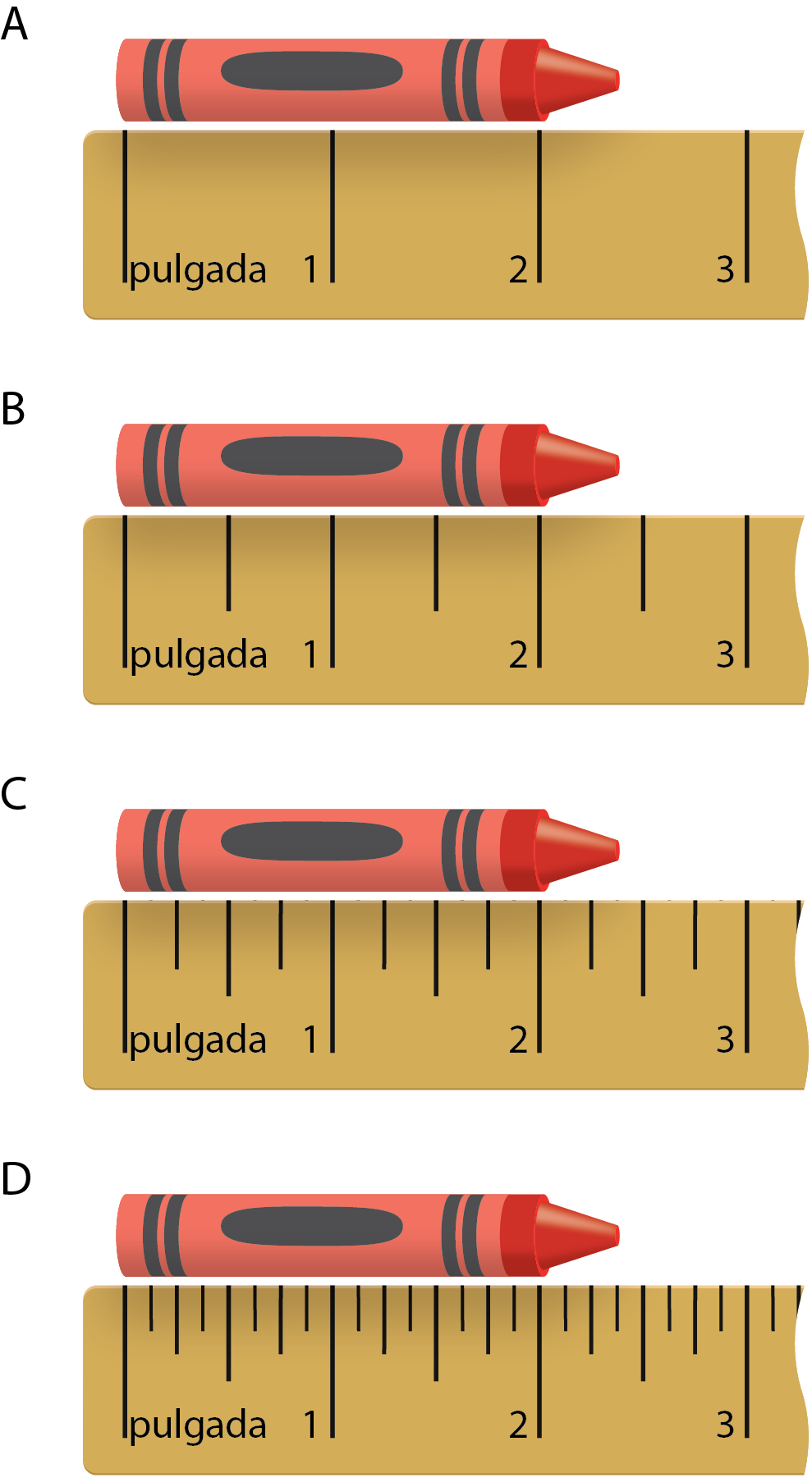 images of 4 rulers measuring same crayon. Ruler A, scaled by whole inches. Ruler B, scaled by half inches. Ruler C, scaled by fourths of an inch. Ruler D, scaled by eighths of an inch. Crayon almost 2 and 1 half inches.