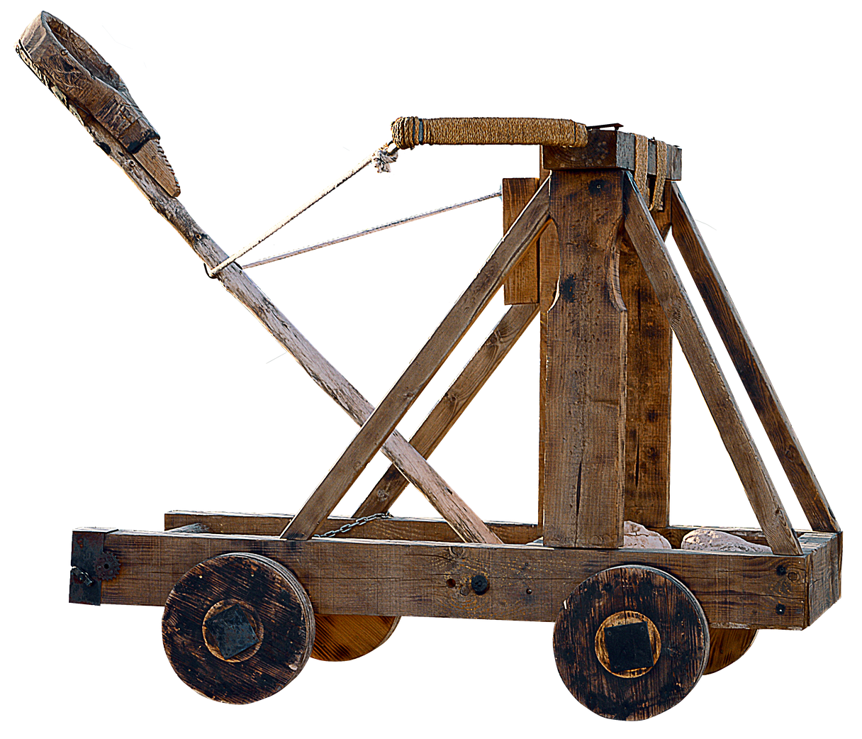<p>a photo of a wooden catapult on wheels </p>
