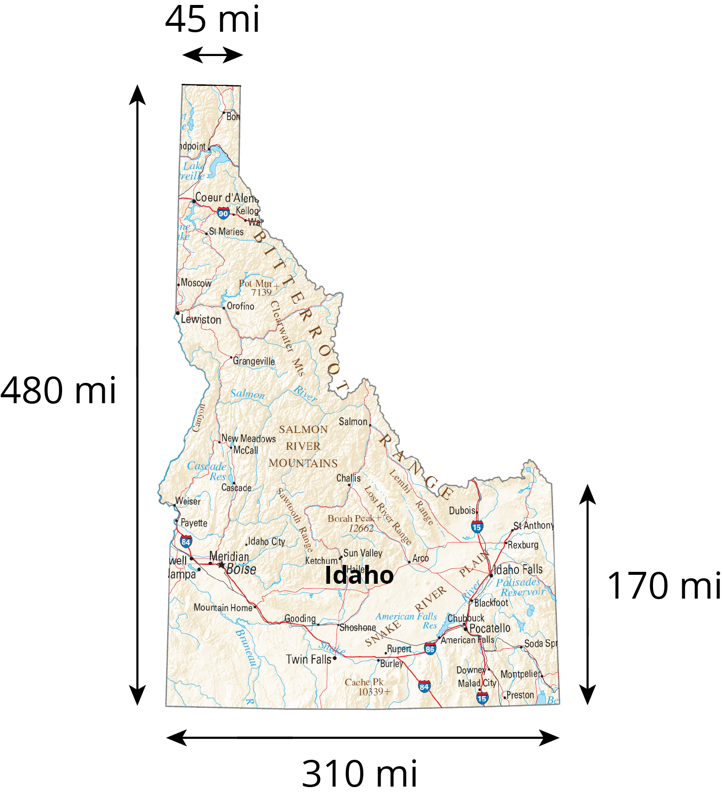 <p>Map of Idaho. Right side labeled with length, 170 miles. Bottom side labeled with length, 310 miles. Left side labeled with length, 480 miles. Top side labeled with length, 45 miles. </p>
