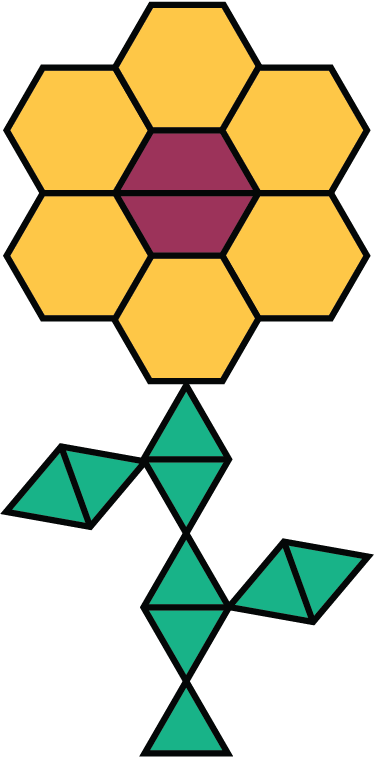 <p>A figure that contains 6 yellow hexagons, 2 red trapezoids, and 9 green triangles.</p>

