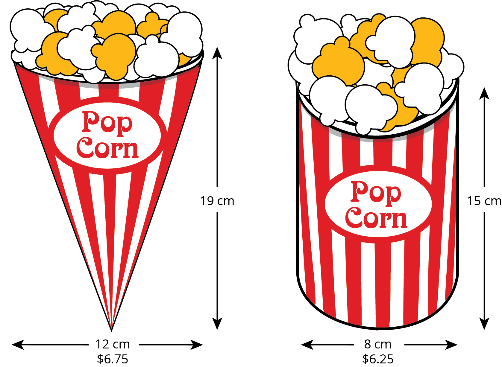 <p>Two popcorn containers. First, cone, diameter 12 centimeters, height 19 centimeters. Second, cylinder, diameter 8 centimeters, height 15 centimeters.</p>
