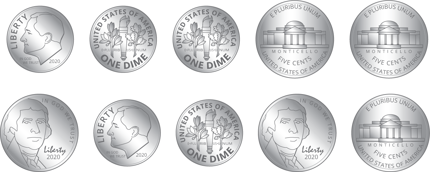 5 dimes. 2 front, 3 back. 5 nickels. 2 front, 3 back.