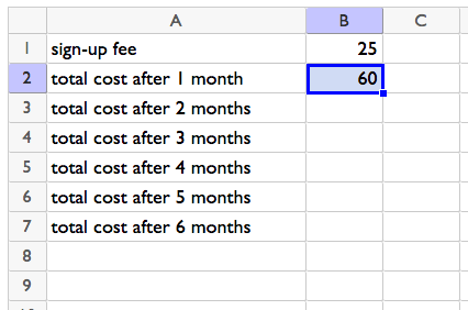 <p>Spreadsheet with rows 1 to 7 and columns A and B. Rows in column A contain sign-up fee, total cost after 1 month, total cost after 2 months, and so on until 6 months. B1 contains 25. B2 contains 60.</p>
