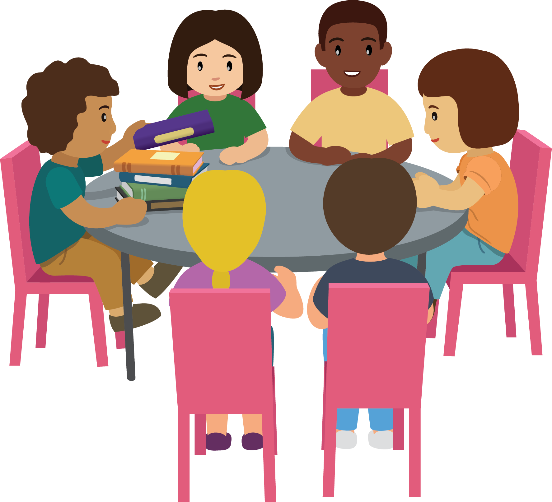 6 students seated at table. Diego has 5 books. 