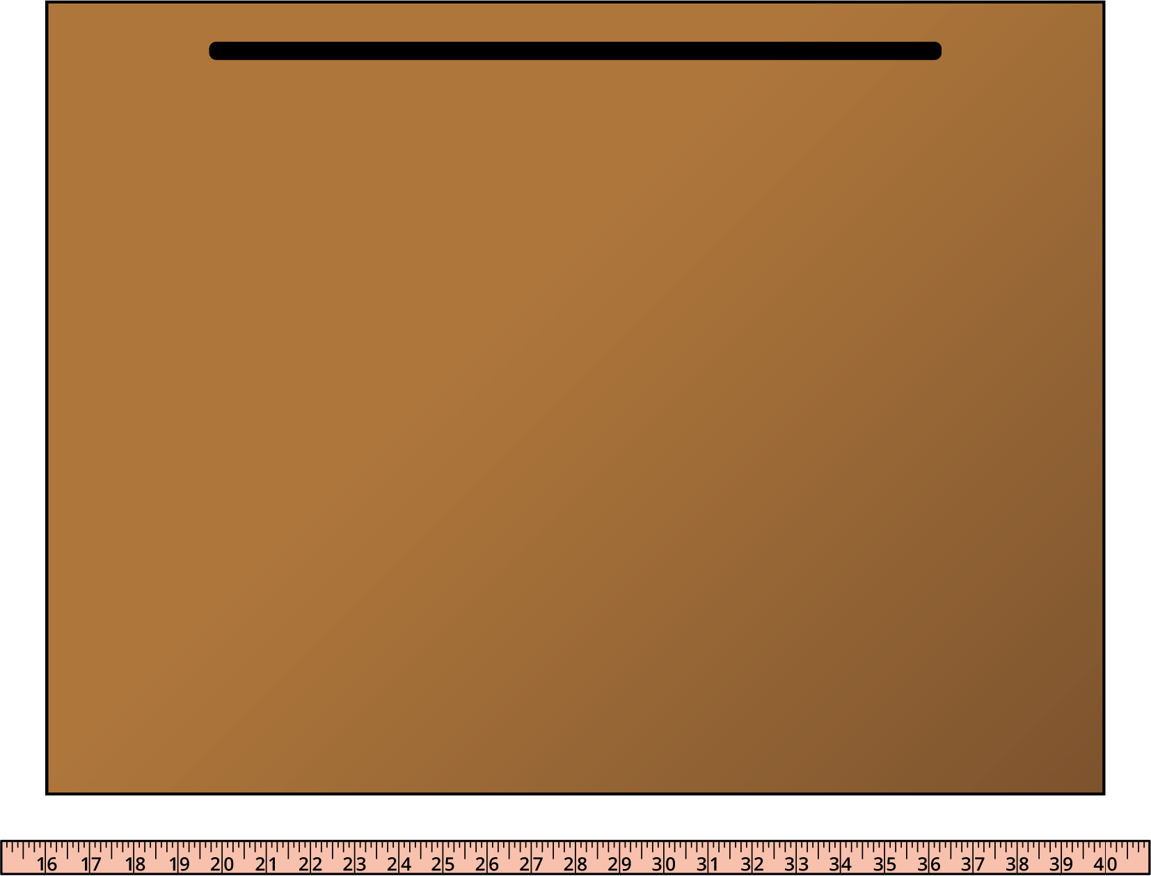 Meter stick measuring long side of a desktop. Long side begins on ruler at 16 and ends at 40.