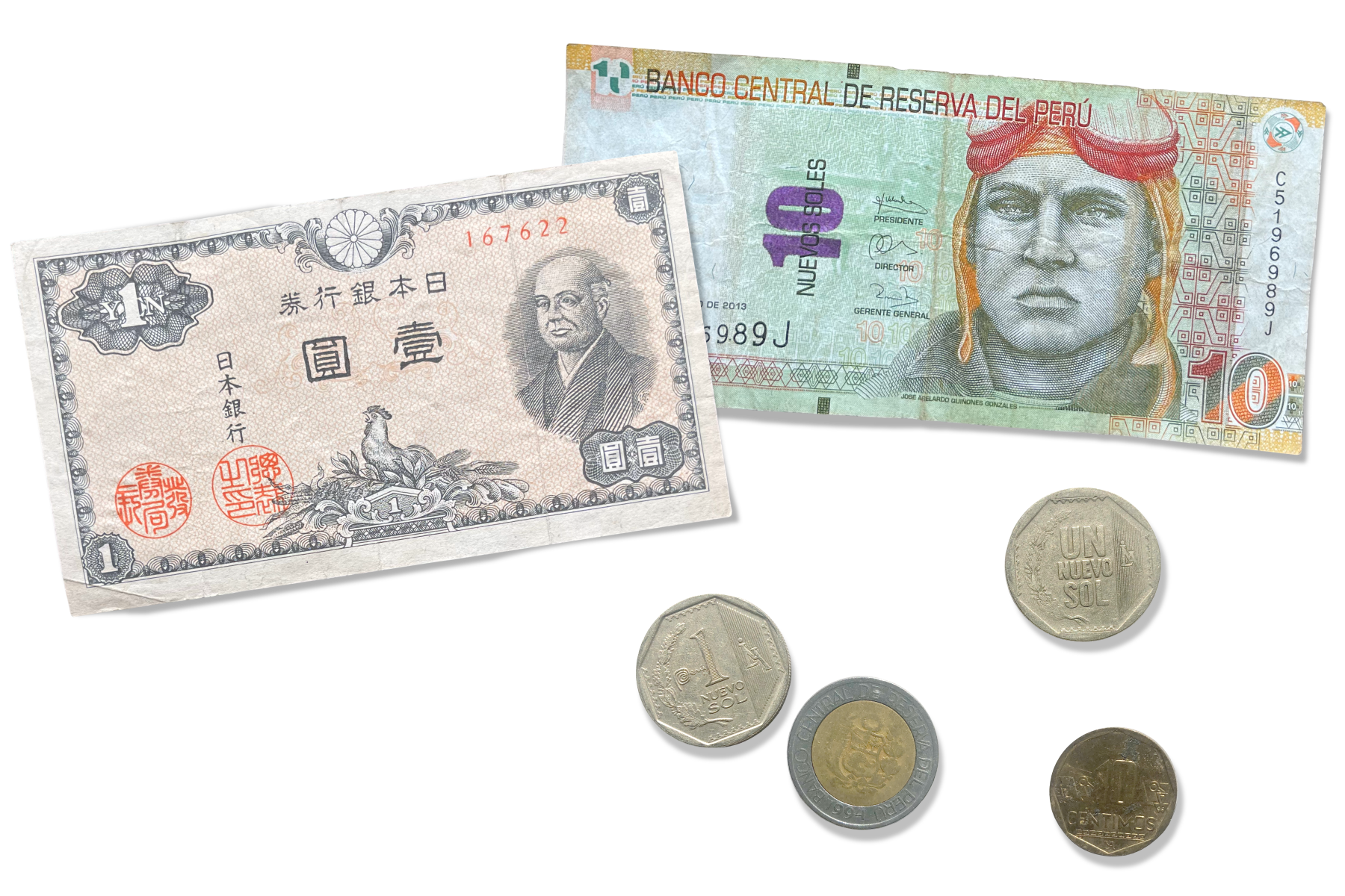 Japanese yen and Peruvian soles.