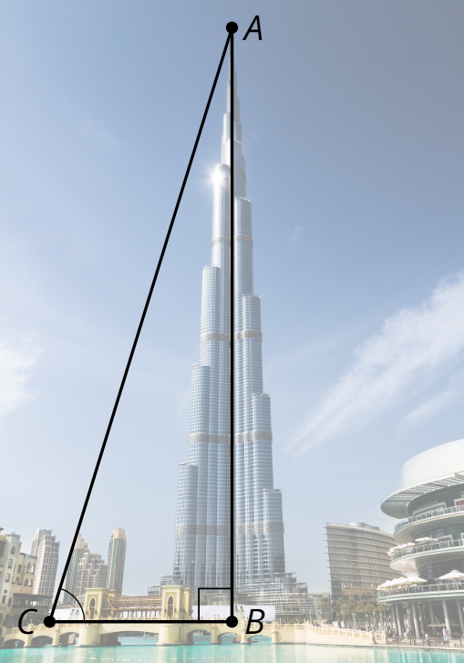 <p>Picture of Burj Khalifa with right triangle A B C drawn on top. Right angle C B A. </p>
