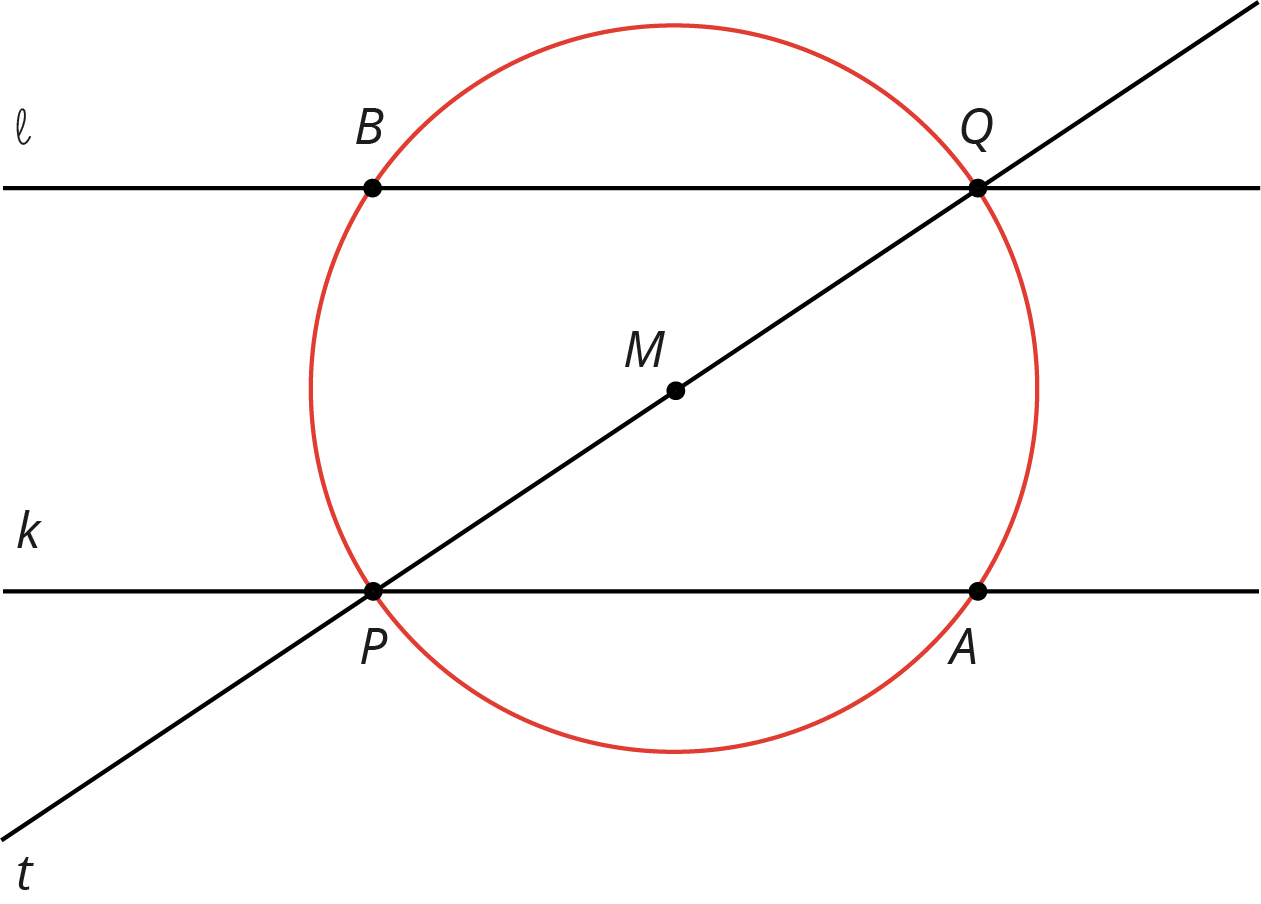 <p>Circle M, parallel lines l and k cut by transversal t.</p>
