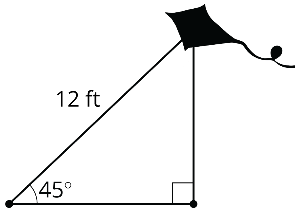 <p>Right triangle. Hypotenuse = 12 feet. One angle = 45 degrees. One angle labeled with a kite.</p>
