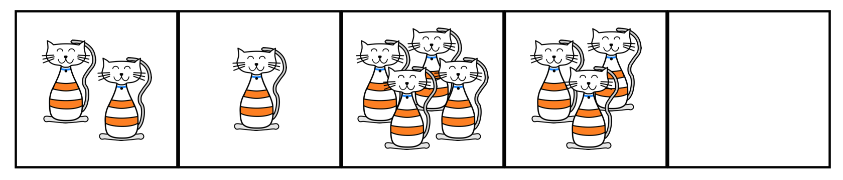 <p>Five squares represent 5 crates.  The number of cats pictured in each crate is 2, 1, 4, 3, 0.</p>
