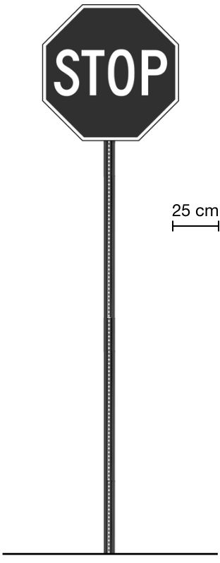 <p>Stop sign. Scale with line segment = 25 centimeters. Width of octagon is about 3 times the length of the line segment in the scale. </p>
