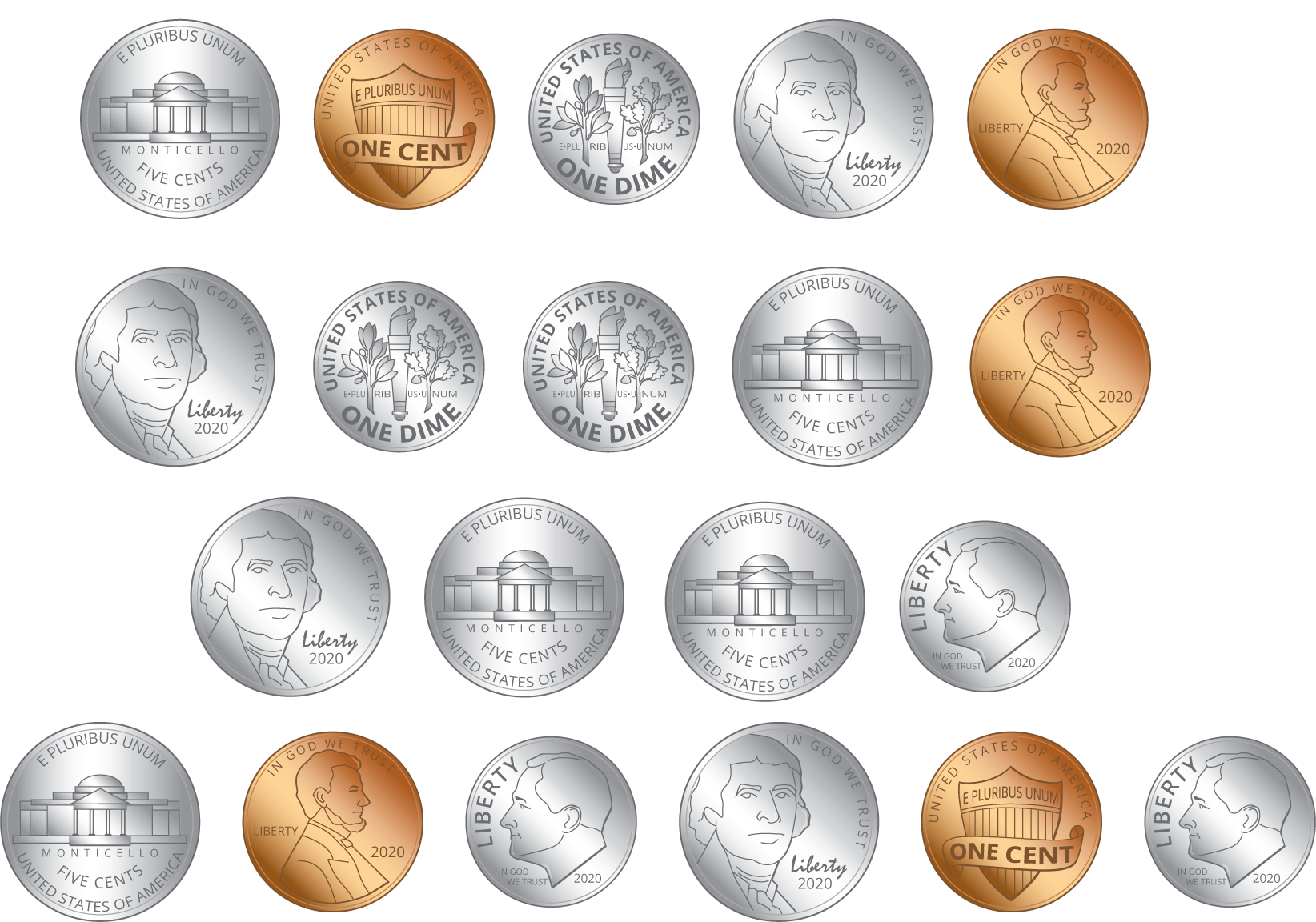 6 dimes. 3 front, 3  back. 9 nickels. 4 front, 5 back. 5 pennies. 3 front, 2 back.