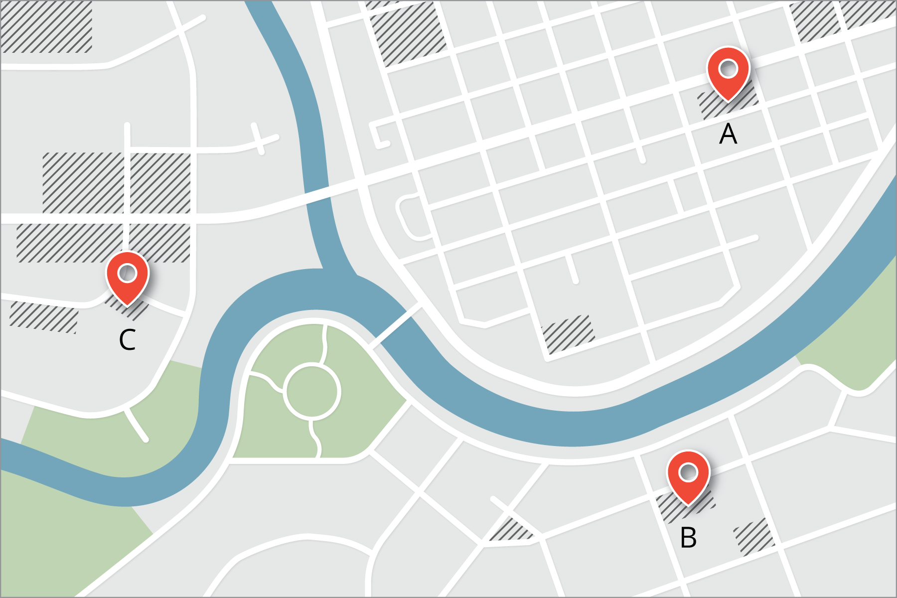An overhead map of a city showing roads, parks, and water. Three places on the map are marks A, B, and C.