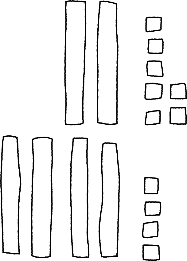 Base ten drawing, 2 groups. Top, 2 tens, 7 ones. Bottom, 4 tens, 4 ones.