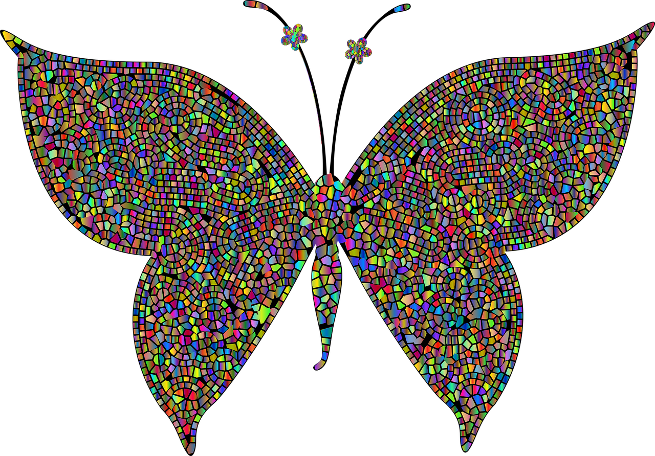 <p>Image of butterfly, made of many small, different colored shapes.</p>
