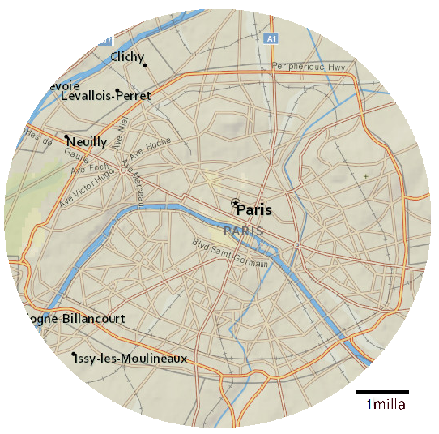 Map of the city of Paris, France. 