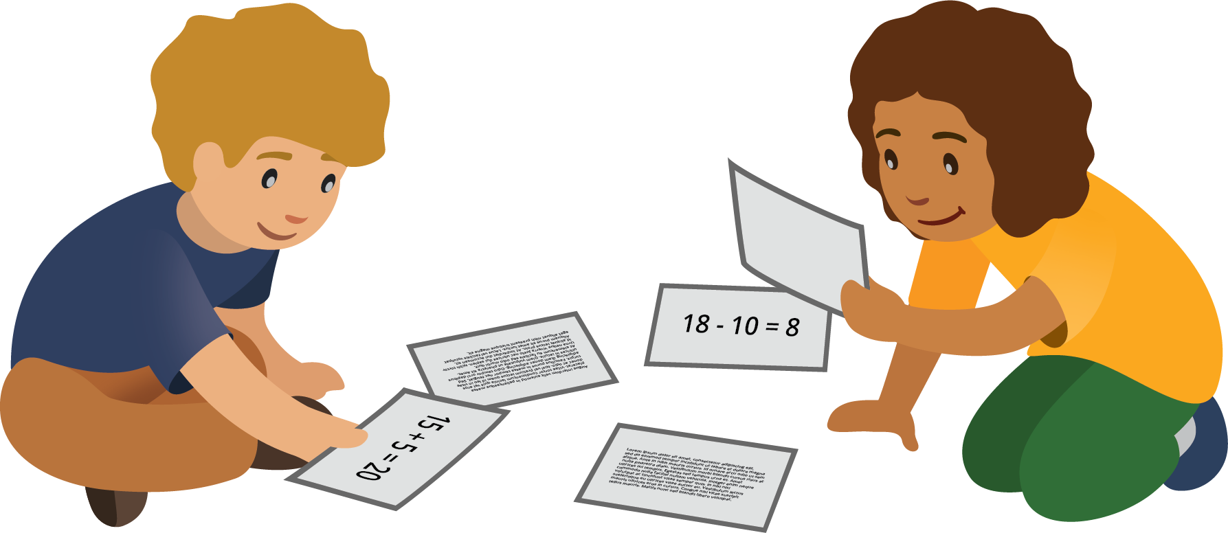 Students with equations on cards. 