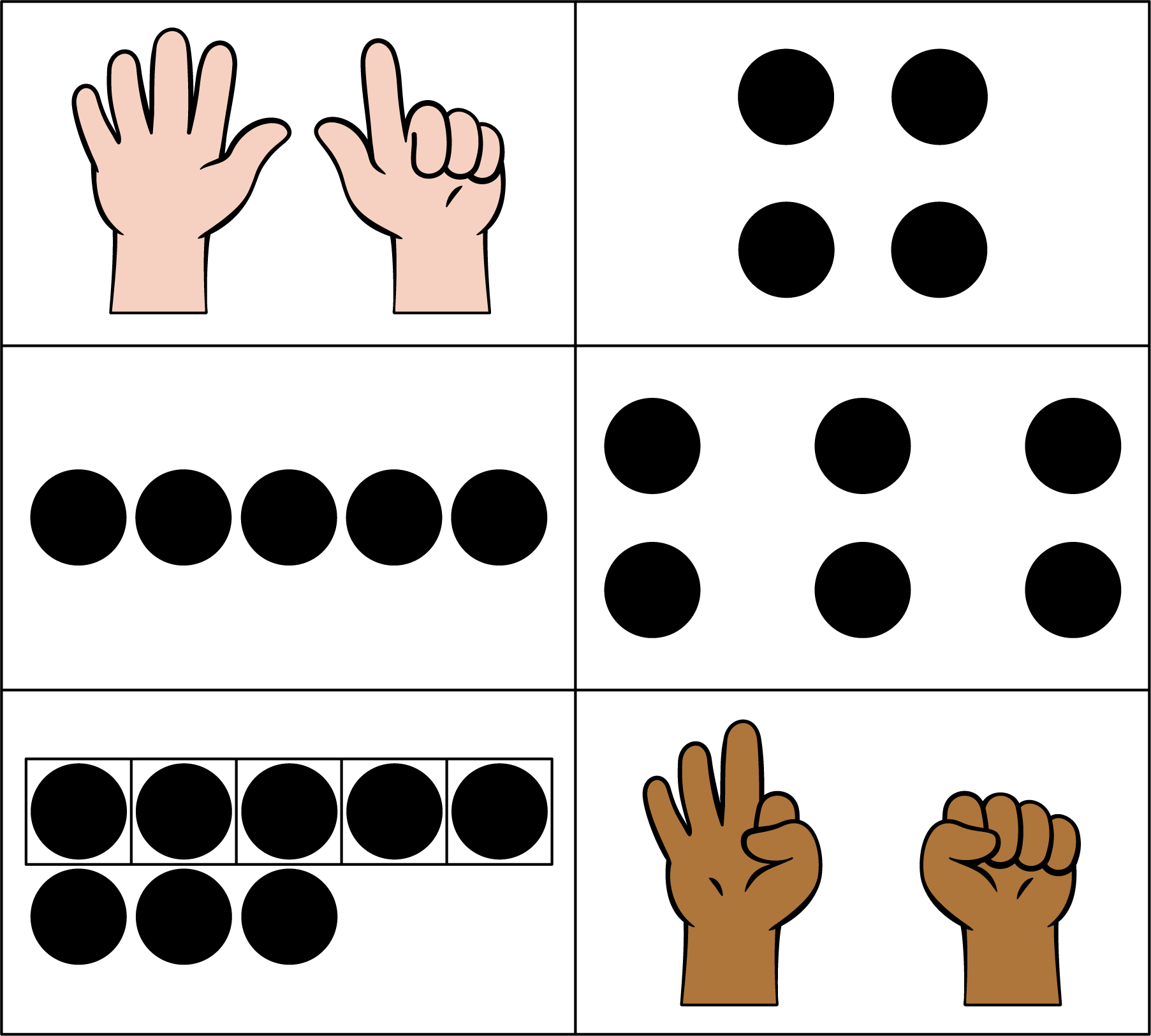 Fingers showing numbers, 5 and 2.  Dots, 4 Dots, 5. Dots, 3 groups of 2. 5 frame filled, 3 counters below. Fingers showing number 3.