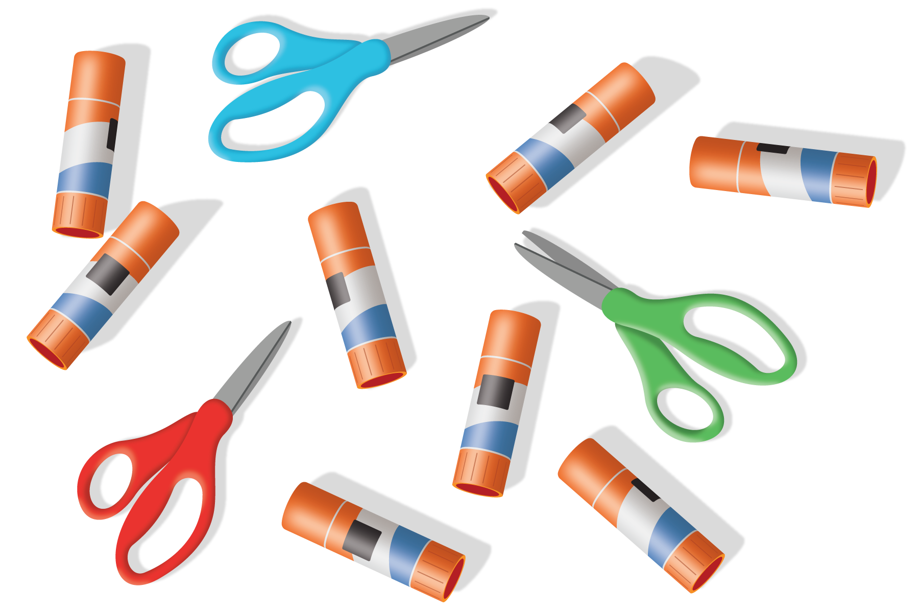  8 glue sticks. 3 scissors.