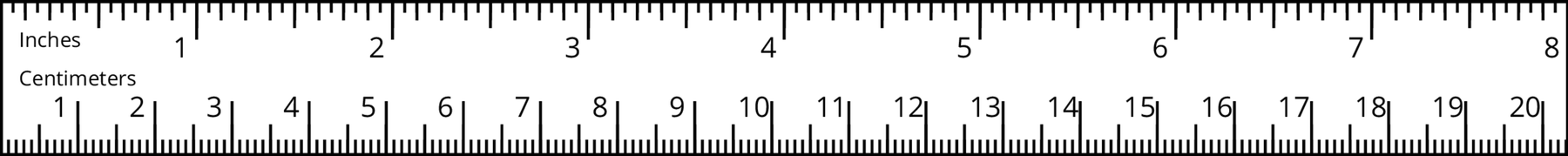 <p>Image of a ruler. Top, inches. Scale 0 to 8, by 1's. Bottom, centimeters. Scale 0 to 20, by 1's. </p>
