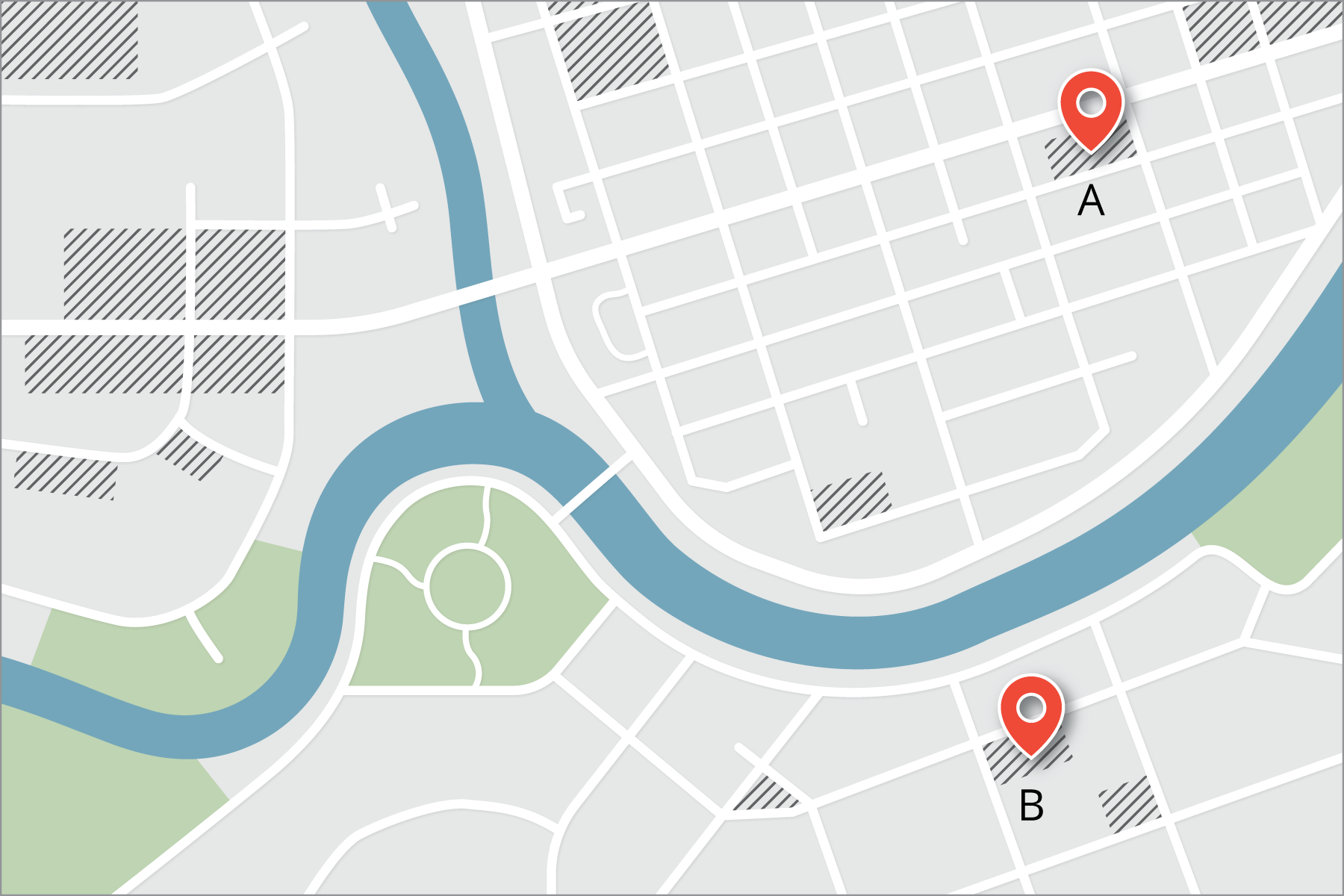 An overhead map of a city showing roads, parks, and water. Two places on the map are marks A and B.