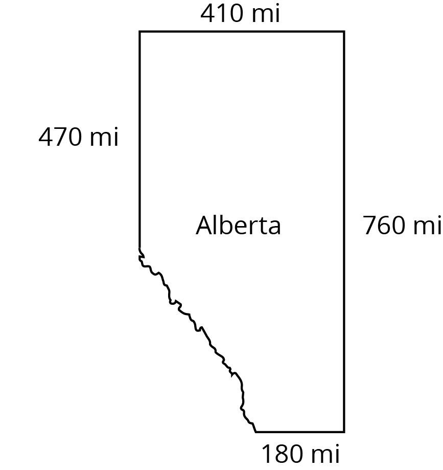 <p>A map of Alberta. Lengths of sides starting at top and clockwise direction, 410 mi, 760 mi, 180 mi, unknown, 470 mi.</p>
