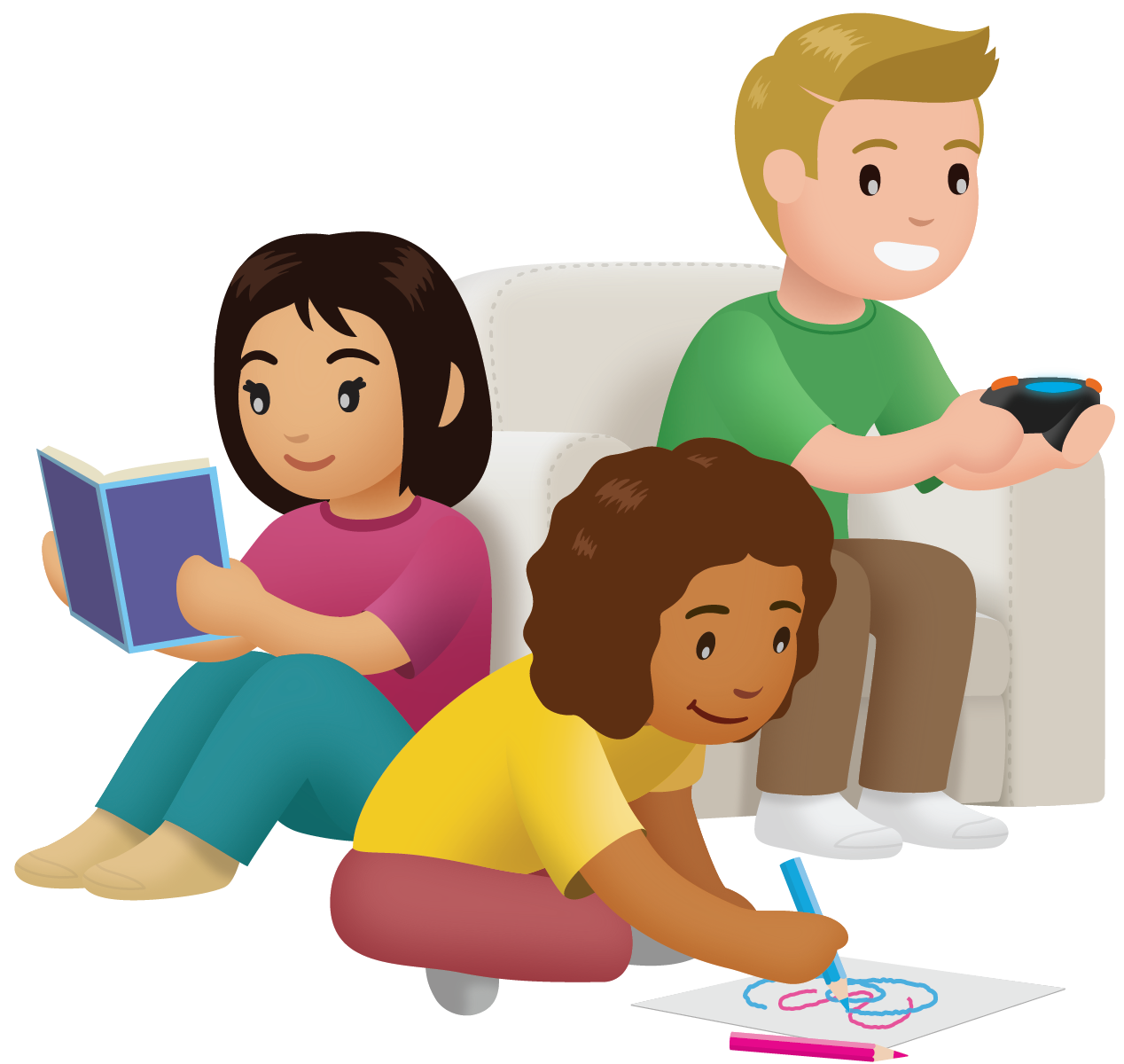 Children doing fun activities. One is reading. Another person is creating art. The other person is playing video games.