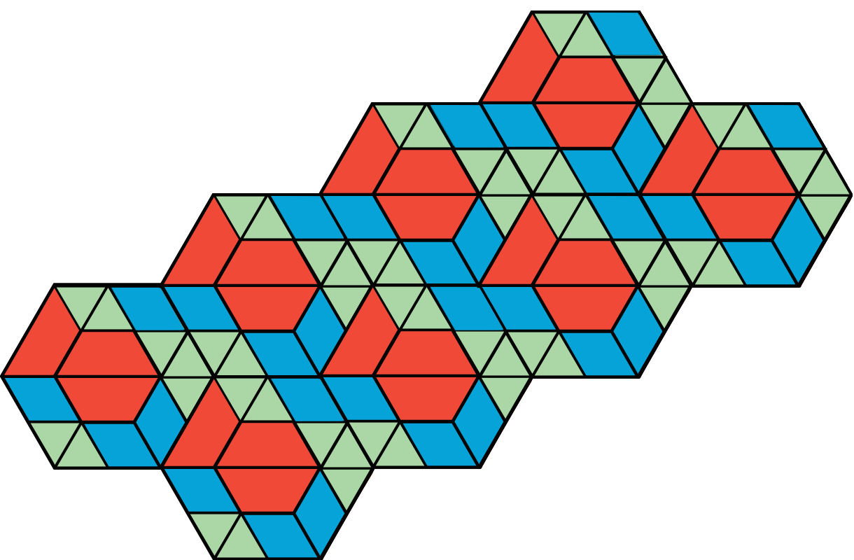 <p>A figure made up of a series of red trapezoids, blue rhombuses, and green triangles arranged into 8 hexagons.</p>
