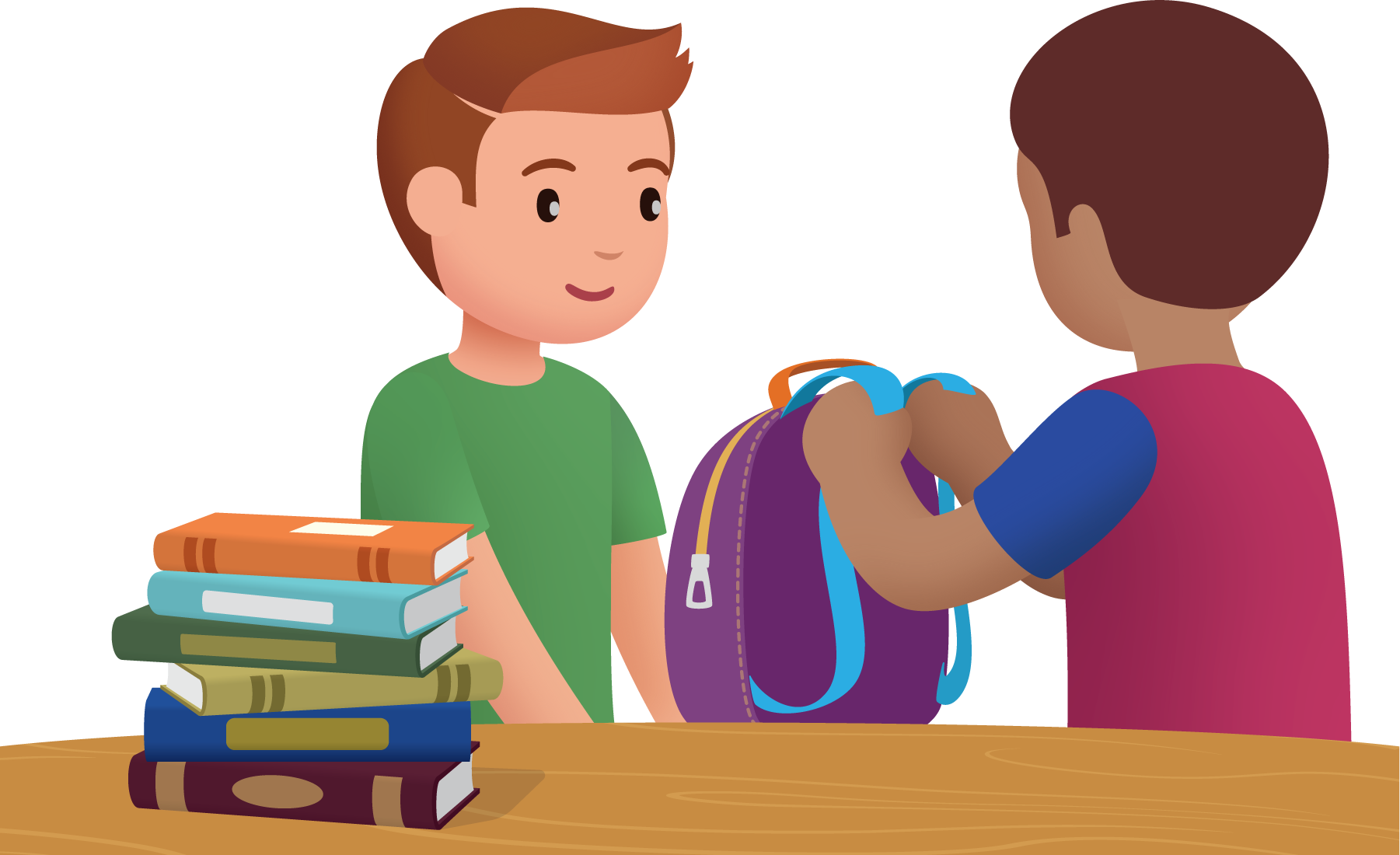 2 boys. books on the table. One boy gives the other boy a backpack.