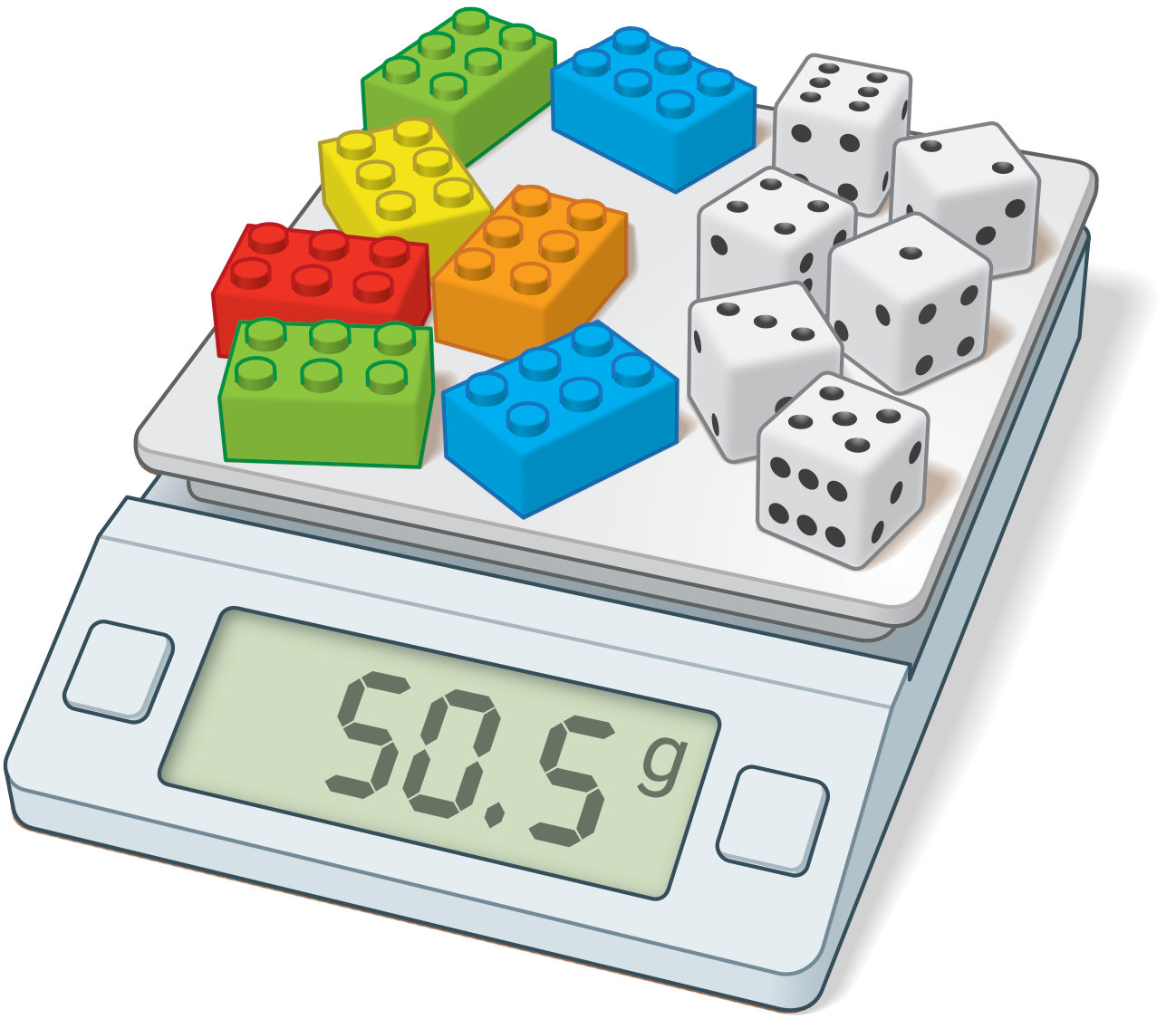 <p>Picture of 7 plastic building blocks and 6 number cubes on a scale, weight 50 point 5 grams.</p>
