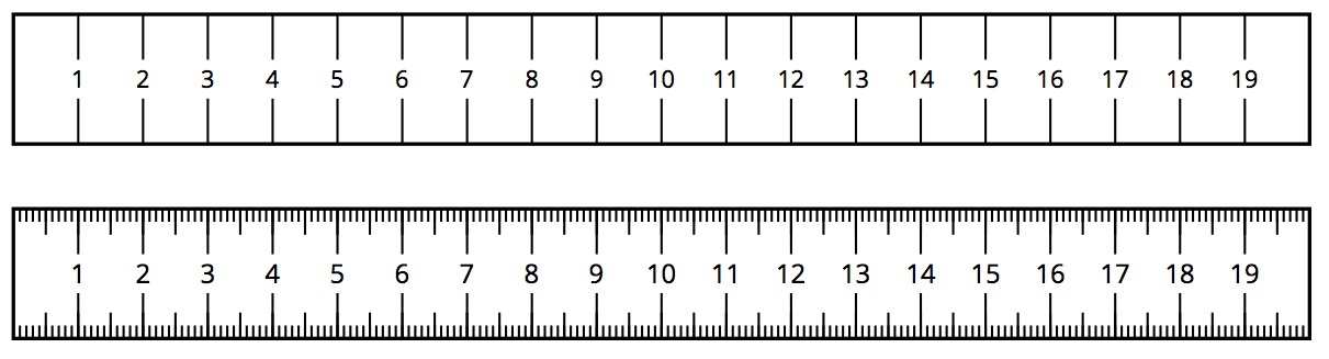 <p>Two rulers, of equal length, each measuring 19 centimeters long.</p>
