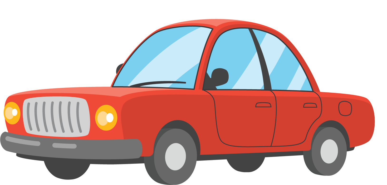 red car with four doors and four wheels.