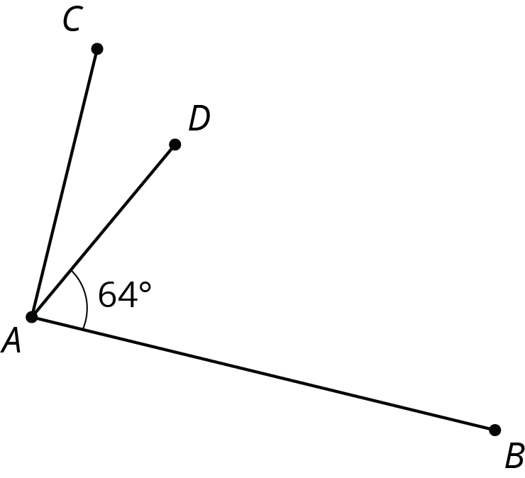 <p>Angle C, A, B is shown. segment D A, lies in the interior of angle C, A, B. Angle D, A, B, is labeled 64 degrees.</p>
