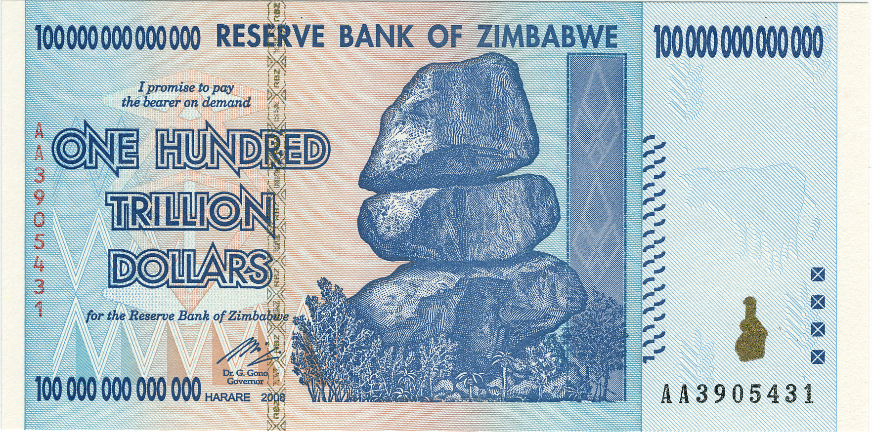 Photograph of 1 hundred trillion dollars bill from Zimbabwe.